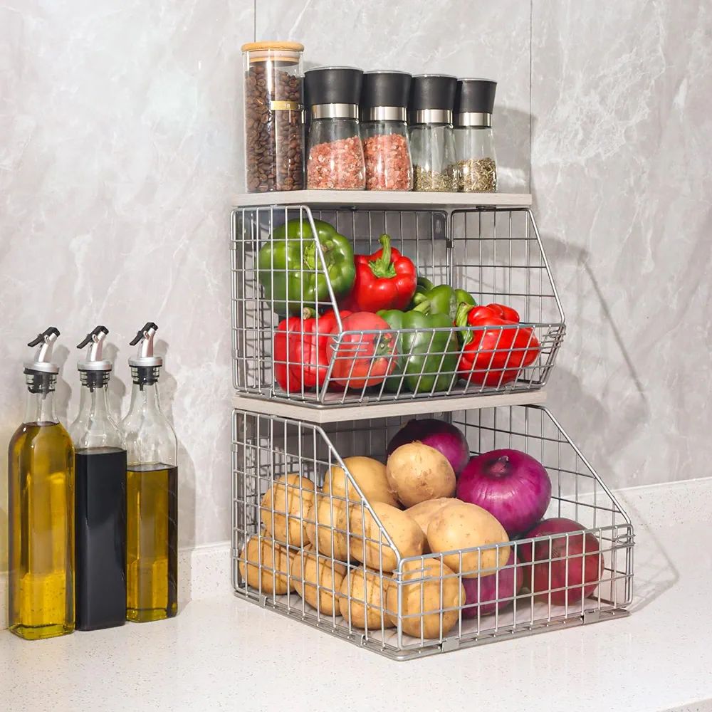 Silver Fruit Basket, Stackable Wall Mounted Pantry Organizers and Storage Basket with Wood Lid To... | Amazon (US)