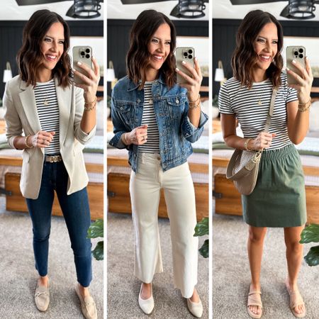 Spring Capsule Wardrobe (Stripe Tee Styling) 

Stripe tee (small) 
Dark wash jeans (27 long) 
Blazer (small) 
Ivory jeans (size up one or two sizes. I’m in a size 4) 
Green skirt (size 2) 
Denim jacket (small)

#LTKfindsunder100 #LTKstyletip #LTKfindsunder50