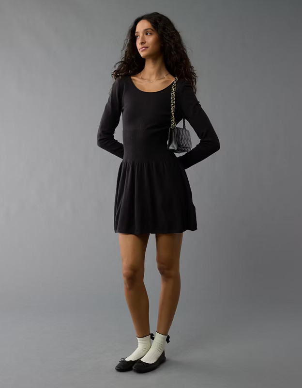 AE Long-Sleeve Ballet Neck Sweater Mini Dress | American Eagle Outfitters (US & CA)