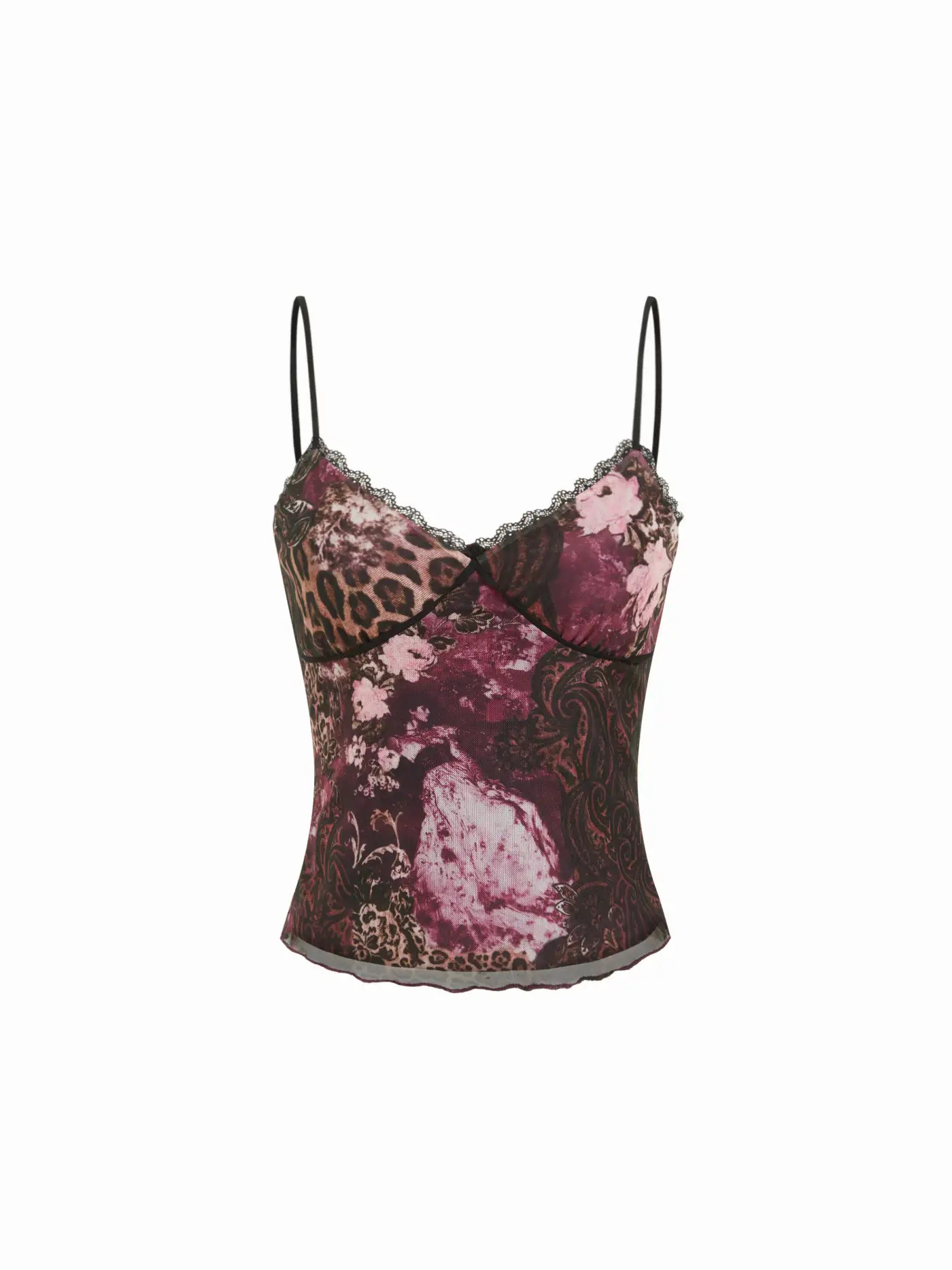 Mesh Mesh Leopard & Floral Graphic V-Neck Lace Trim Cami Top For Daily Casual Date | Cider