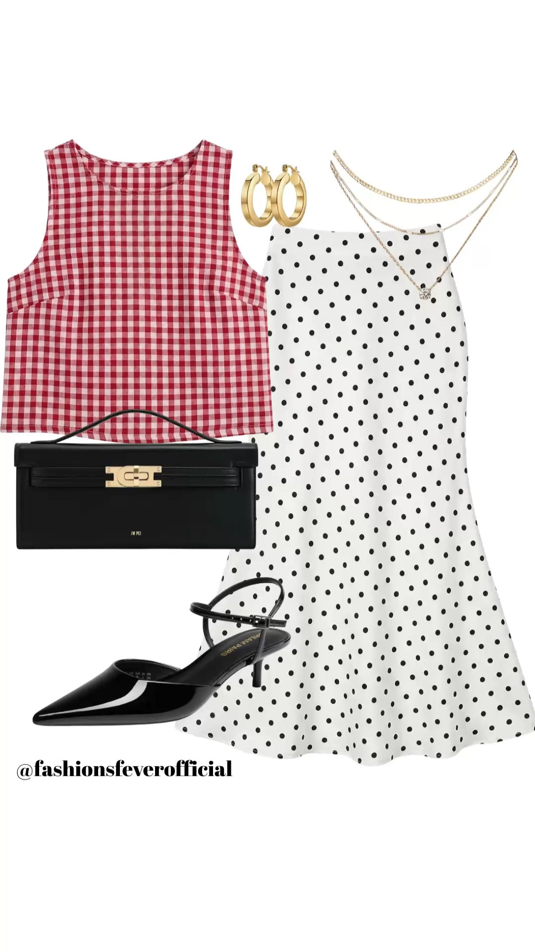 Elevated casual style meets quiet luxury in this chic summer outfit, perfect for exploring a historic city or attending a polished weekend brunch. This look features a masterclass in pattern mixing, pairing a classic red gingham cropped tank with a high-waisted white polka dot midi skirt for a modern Americana aesthetic. The outfit is anchored by sophisticated black patent leather kitten-heel pumps and a structured top-handle bag, creating a graceful silhouette that feels both vintage-inspired and trend-forward. Finished with layered gold necklaces and a bold red lip, this ensemble is the ultimate inspiration for a summer capsule wardrobe. #QuietLuxury #ElevatedCasual #SummerStyle #PatternMixing #GinghamAndDots #SummerOOTD #CapsuleWardrobe

#LTKsummer #LTKstyletip
