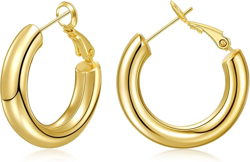 sovesi Chunky Gold Hoop Earrings for Women with 925 Sterling Silver Post, 14K Gold Plated Small T... | Amazon (US)