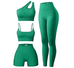 OQQ Women's 4 Piece Outfits Ribbed Exercise Scoop Neck Sports Bra One Shoulder Tops High Waist Sh... | Amazon (US)