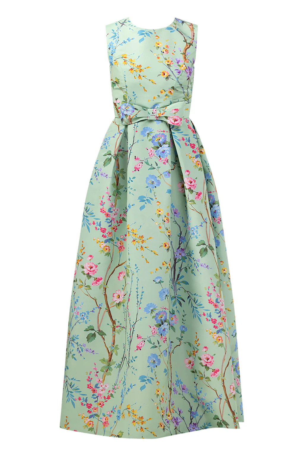 Grace Garden Reverie Silk Faille Ball Gown with Bow Belt in Celadon Floral | Over The Moon