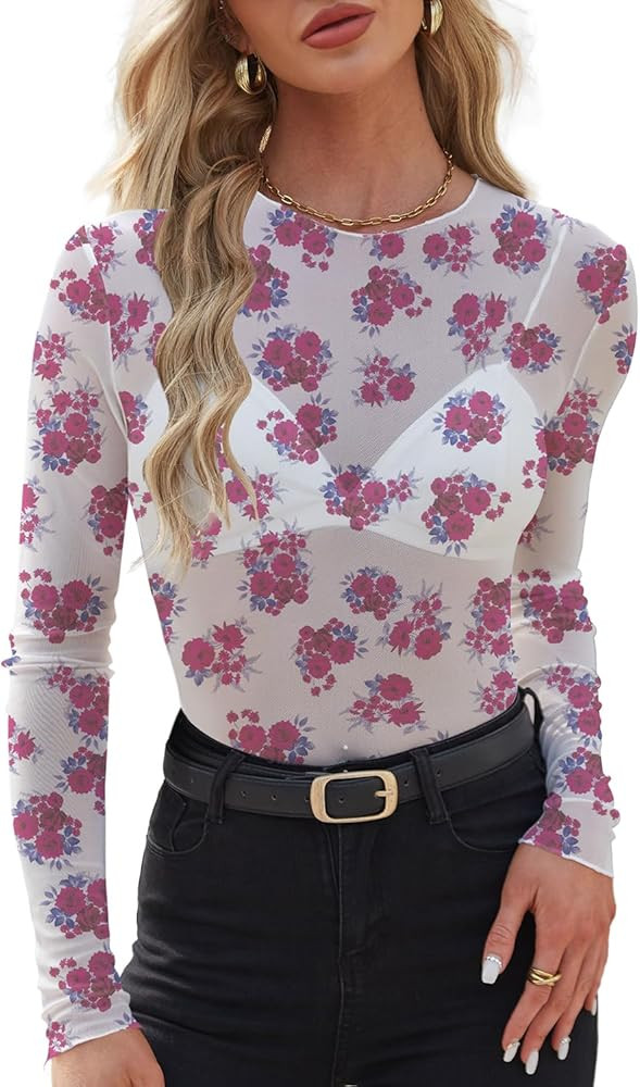 WIHOLL Womens Mesh Sheer Tops Sexy Crew Neck Summer Loose FIt Party Clubwear Shirts | Amazon (US)