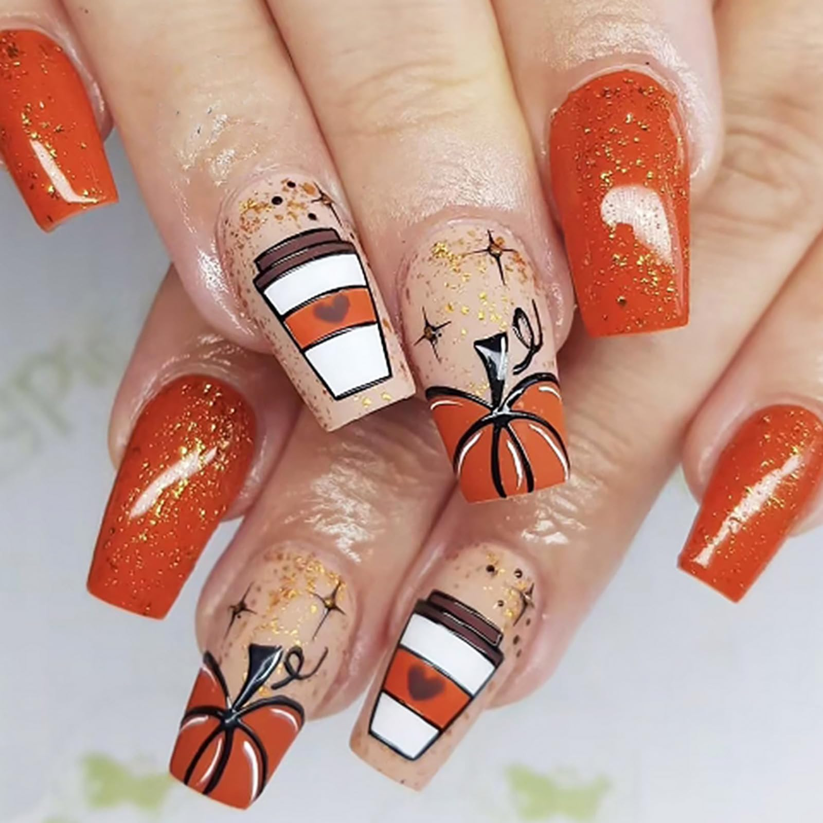 24 Pcs Orange Press On Fall Nails with Pumpkin & Coffee Design Glitter Press On Autumn Acrylic Fu... | Amazon (US)