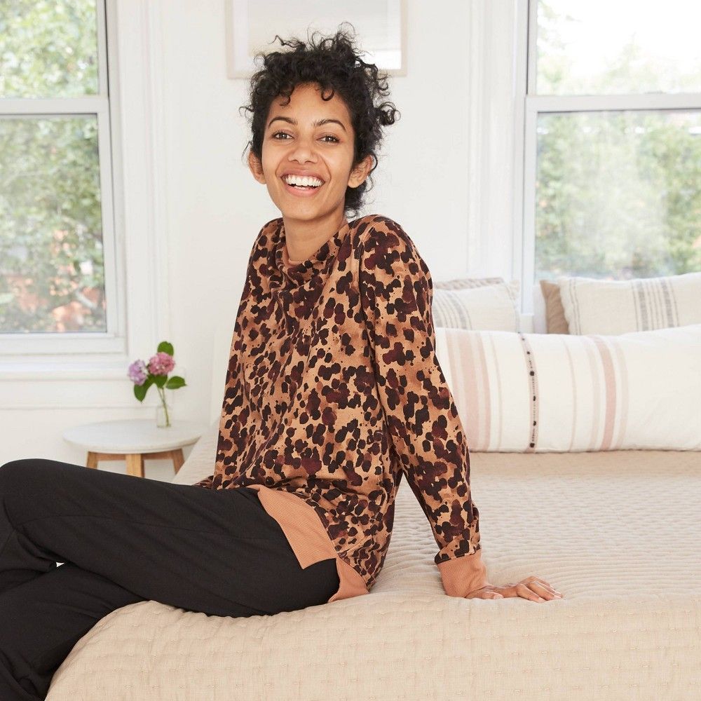 Women's Leopard Print Beautifully Soft Fleece Lounge Tunic Sweatshirt - Stars Above Brown L | Target