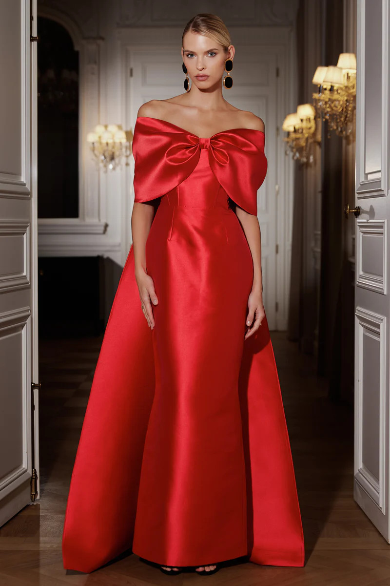 Wanting More  Red Satin Cape Maxi Dress With Oversized Bow | Club L London
