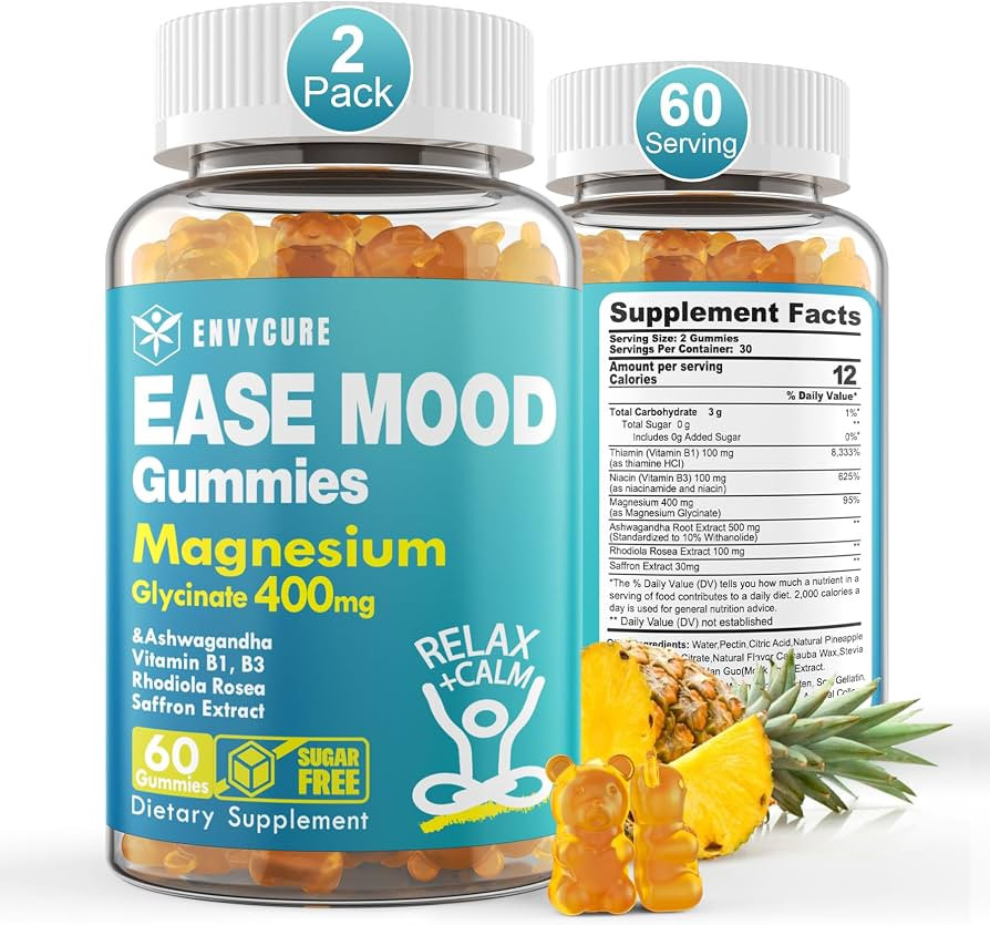 Sugar Free Magnesium Glycinate Gummies 400mg with Ashwagandha, B1, B3, Rhodiola Rosea & Saffron f... | Amazon (US)
