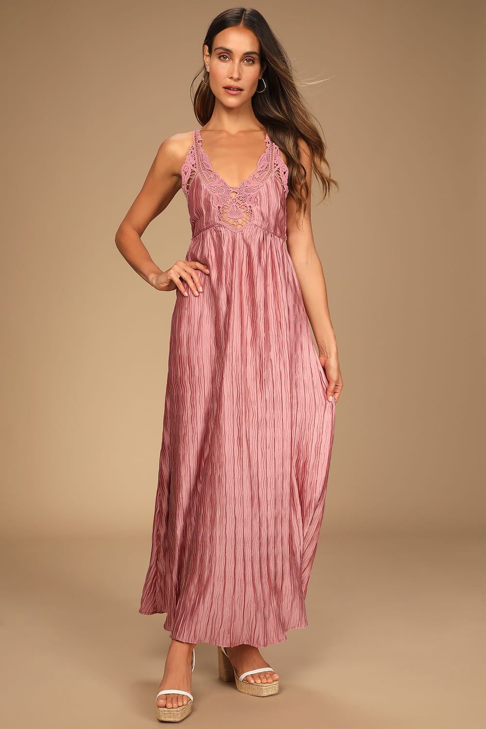Alluring Aura Mauve Crochet Lace Crinkle Backless Maxi Dress | Lulus (US)