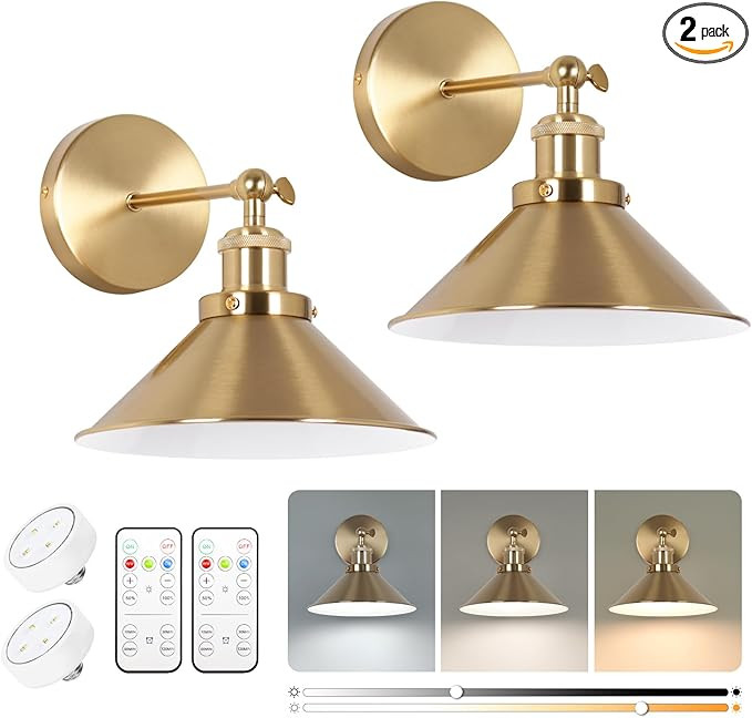 Battery Operated Wall Sconce Set of Two, Brushed Brass Battery Powered Wall Lighting Indoor, Cord... | Amazon (US)
