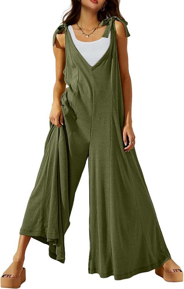 DEEP SELF Women's Summer Causal Jumpsuits Sleeveless Wide Leg Long Rompers V Neck Tie Strap Loose... | Amazon (US)