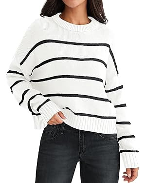 LILLUSORY Womens Striped Sweater Pullover Crewneck Knit Long Sleeve Cable Knitted Sweaters | Amazon (US)