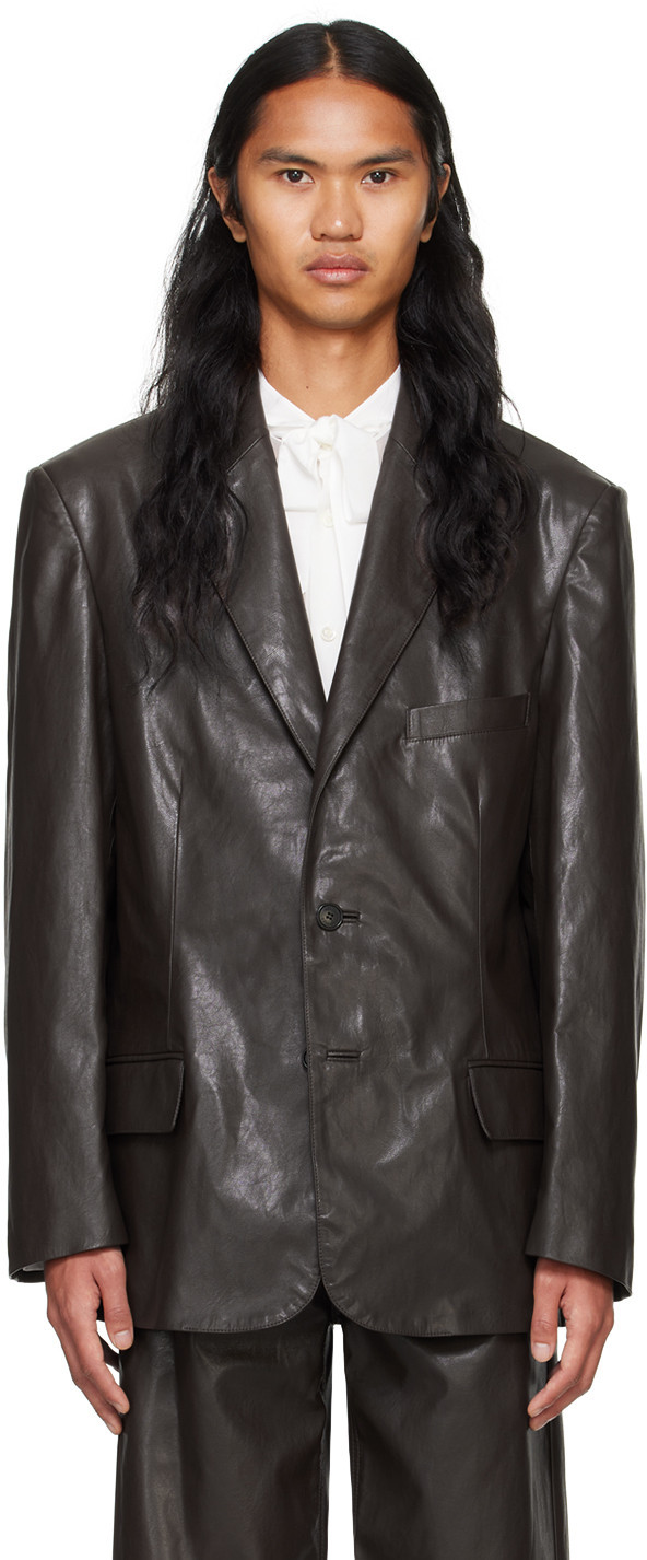 System Brown Button Faux-Leather Blazer | SSENSE