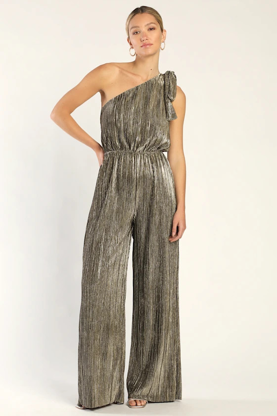 Disco Desires Shiny Silver and Gold Plisse One-Shoulder Jumpsuit | Lulus (US)