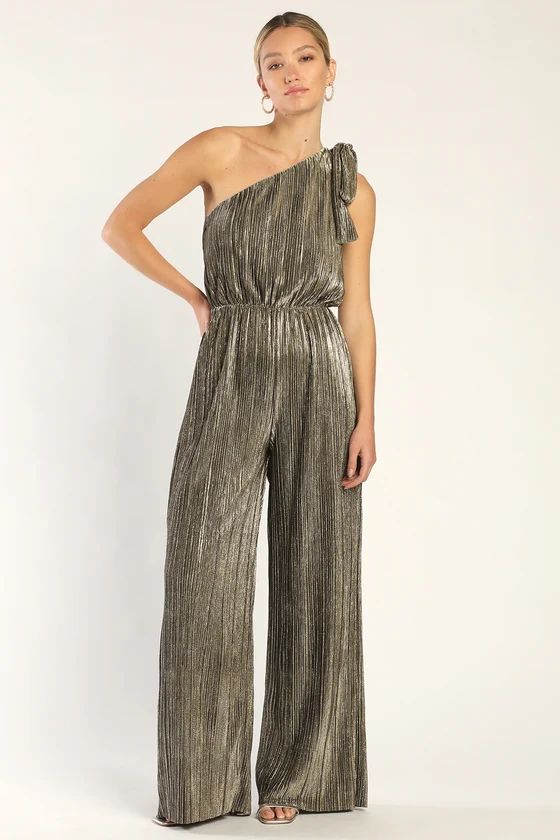 Disco Desires Shiny Silver and Gold Plisse One-Shoulder Jumpsuit | Lulus (US)