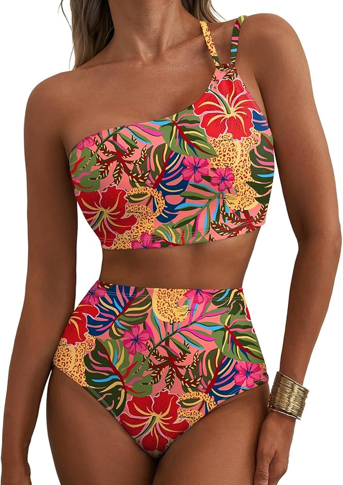 Herseas Women's High Waisted Bikini Sets One Shoulder Floral Print Swimsuits 2 Piece Tummy Contro... | Amazon (US)