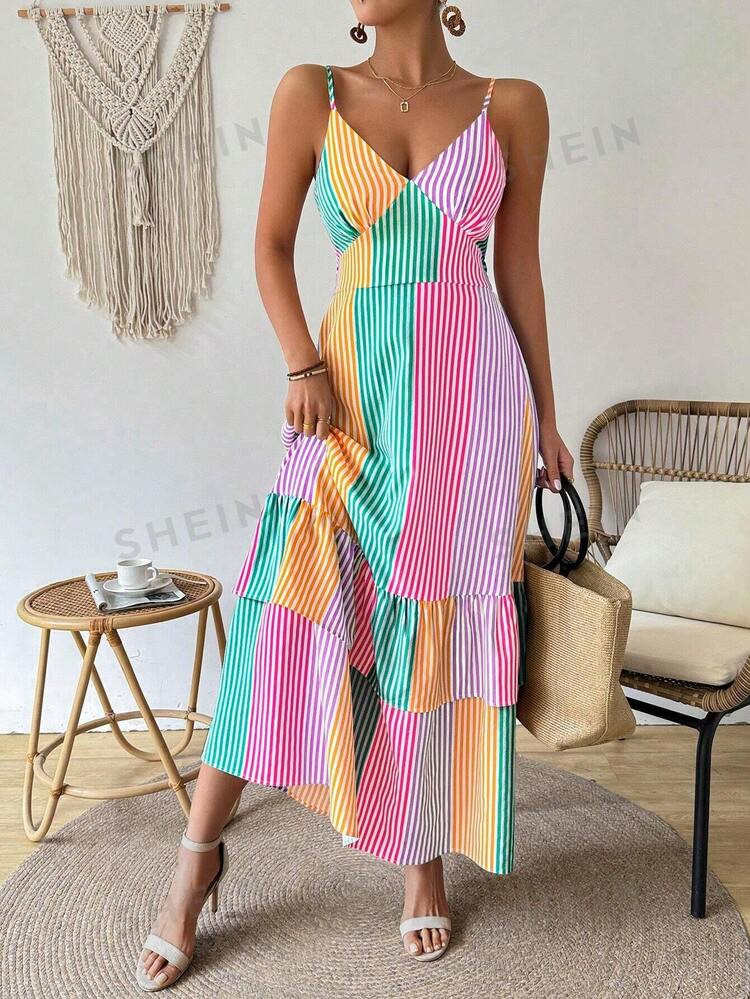 TrendsSHEIN VCAY Color Block Striped Ruffle Trim Spaghetti Strap Summer Dress | SHEIN
