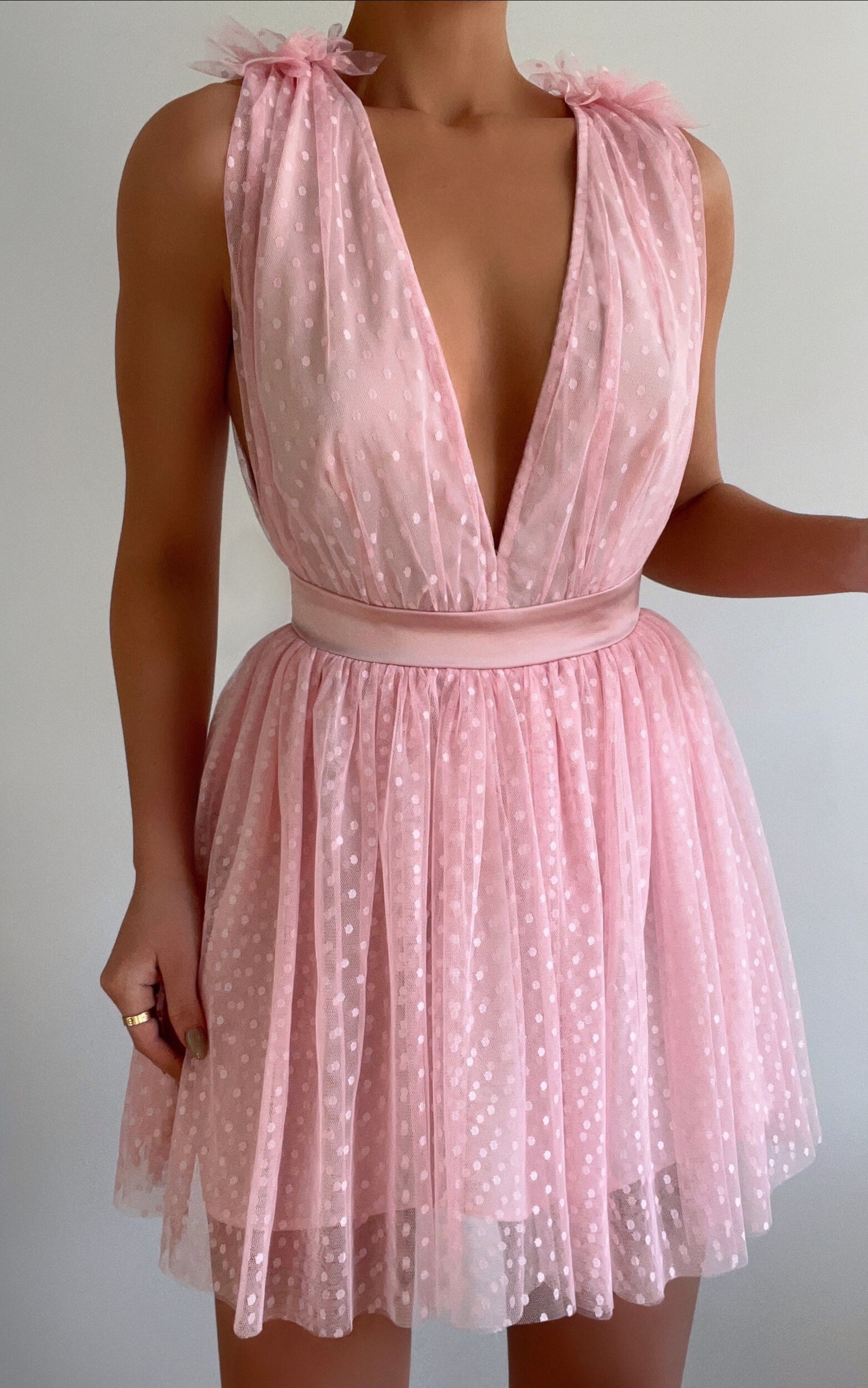 Mariabella Plunge Tulle Mini Dress in Pink | Showpo (ANZ)