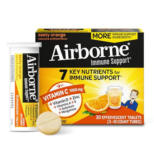 Airborne 1000mg Vitamin C with Vitamin D & Zinc, Sugar Free Multivitamin Immune Support Supplement, Antioxidants Vitamins A C & Vitamin E, 30 Effervescent Tablets, Zesty Orange Flavor | Amazon (US)