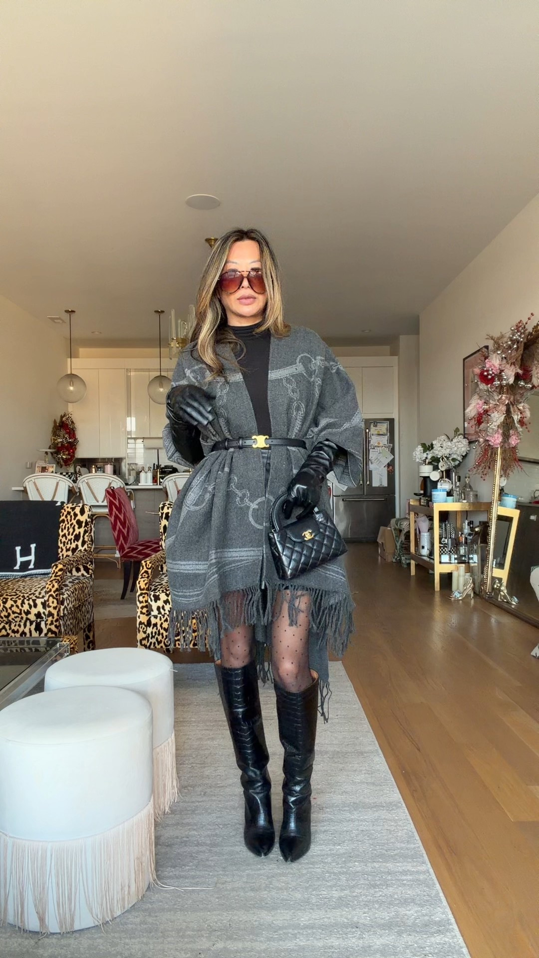 Ralph Lauren shawl and black faux leather shirt, bodysuit, polka dot nylons and knee high boots. Size small in the fit  

#LTKStyleTip #LTKGiftGuide