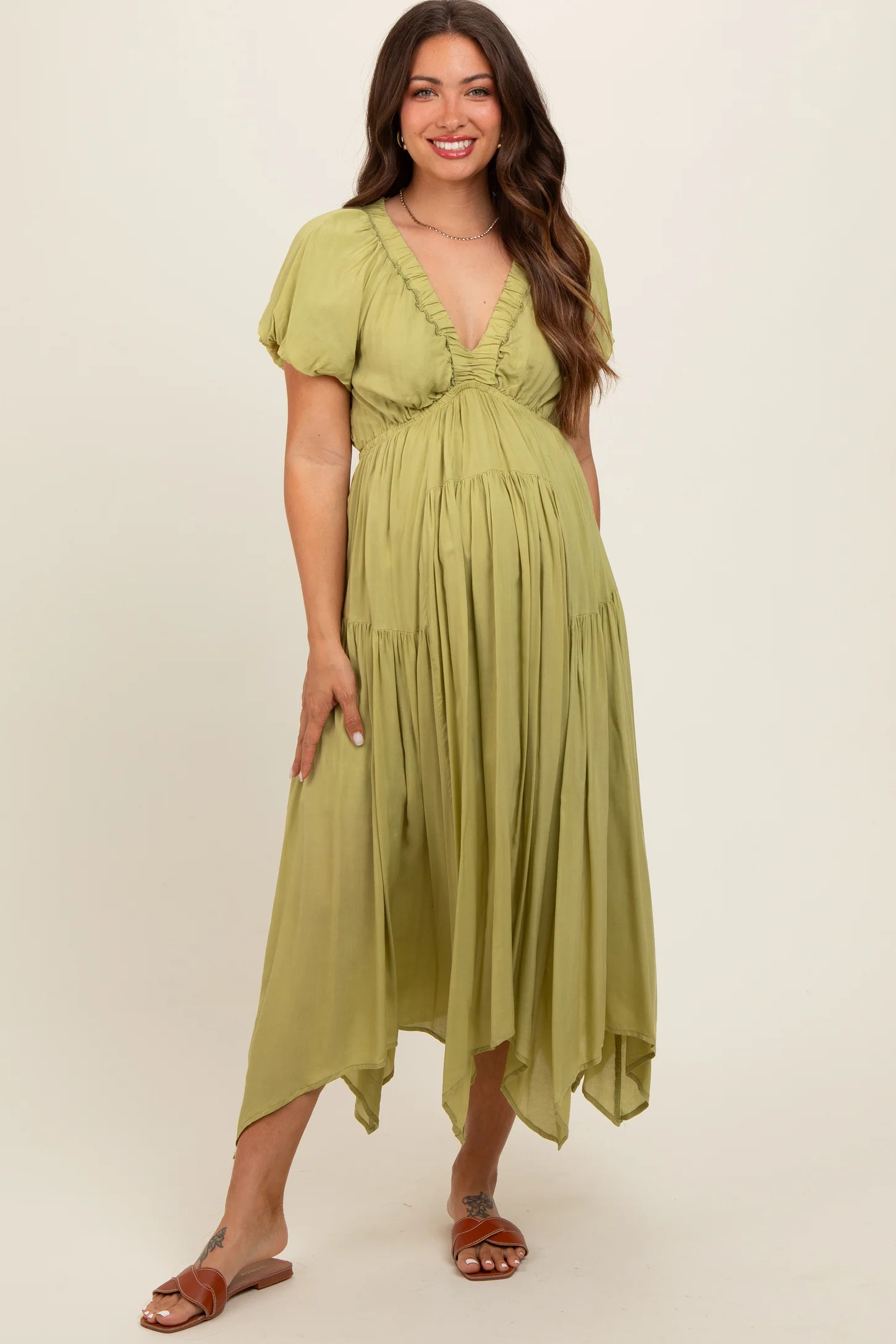 Light Olive Deep V-Neck Puff Short Sleeve Asymmetrical Hem Maternity Midi Dress | PinkBlush Maternity
