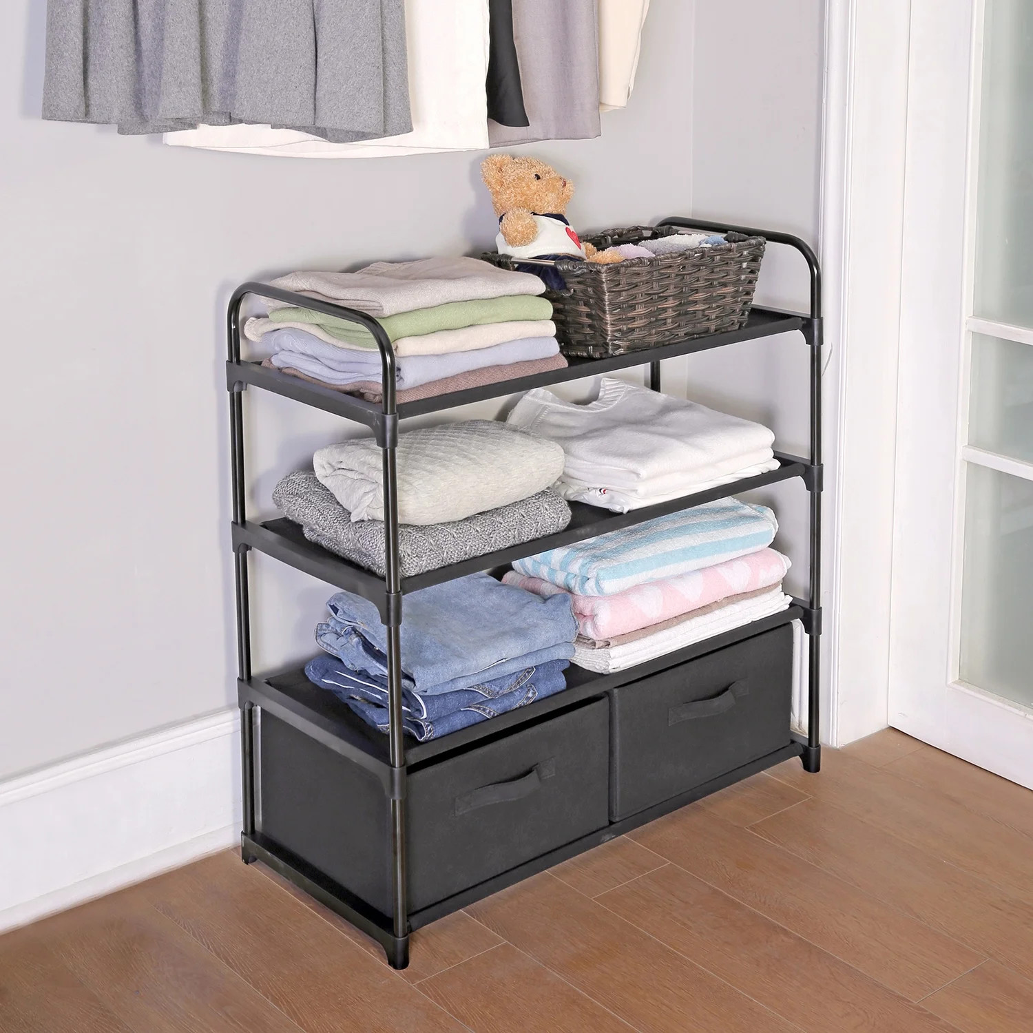 Mainstays 4 Shelf Closet Organizer with 2 Bins, Black, Metal Frame, Adult and Child - Walmart.com | Walmart (US)