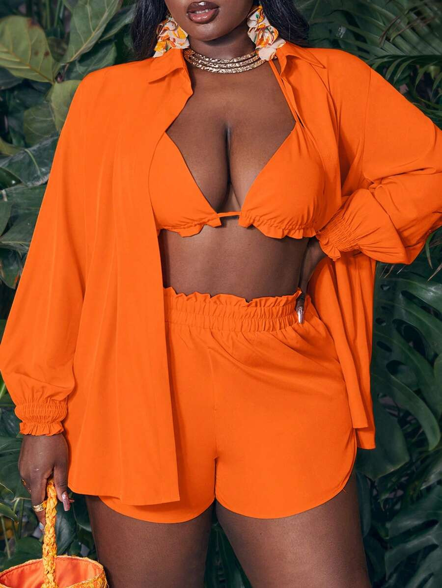 Slaydiva Leisure Beachwear Plus Size Bikini Cover-Up Three-Piece Set | SHEIN