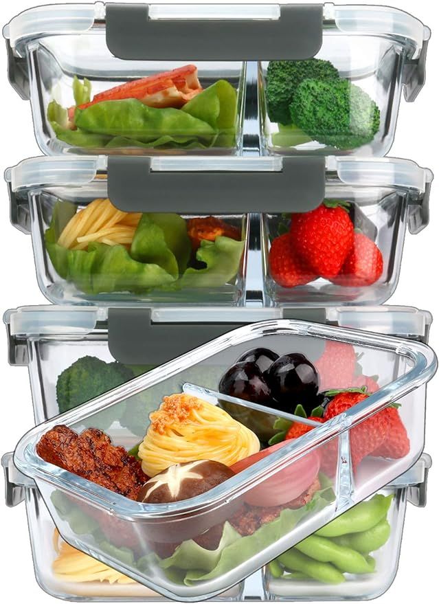 [5-Pack,36 Oz]Glass Meal Prep Containers 2 Compartments Portion Control with Upgraded Snap Lockin... | Amazon (US)
