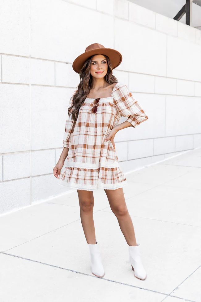 You Never Can Tell Brown Plaid Square Neck Dress | Pink Lily