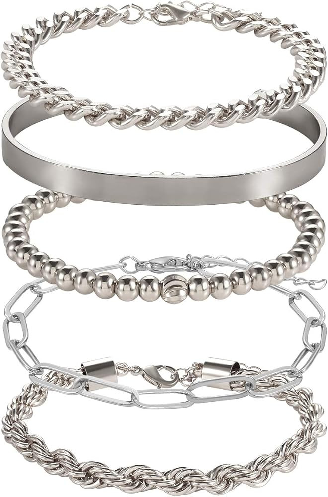 Chunky Link Chain Bracelets for Women Girls Stackable Brass Bead Stretch Bracelet Dainty Open Cuf... | Amazon (US)