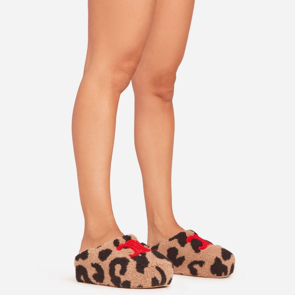 Saskia Logo Detail Flat Slipper In Leopard Print Faux Fur | EGO Shoes (US & Canada)