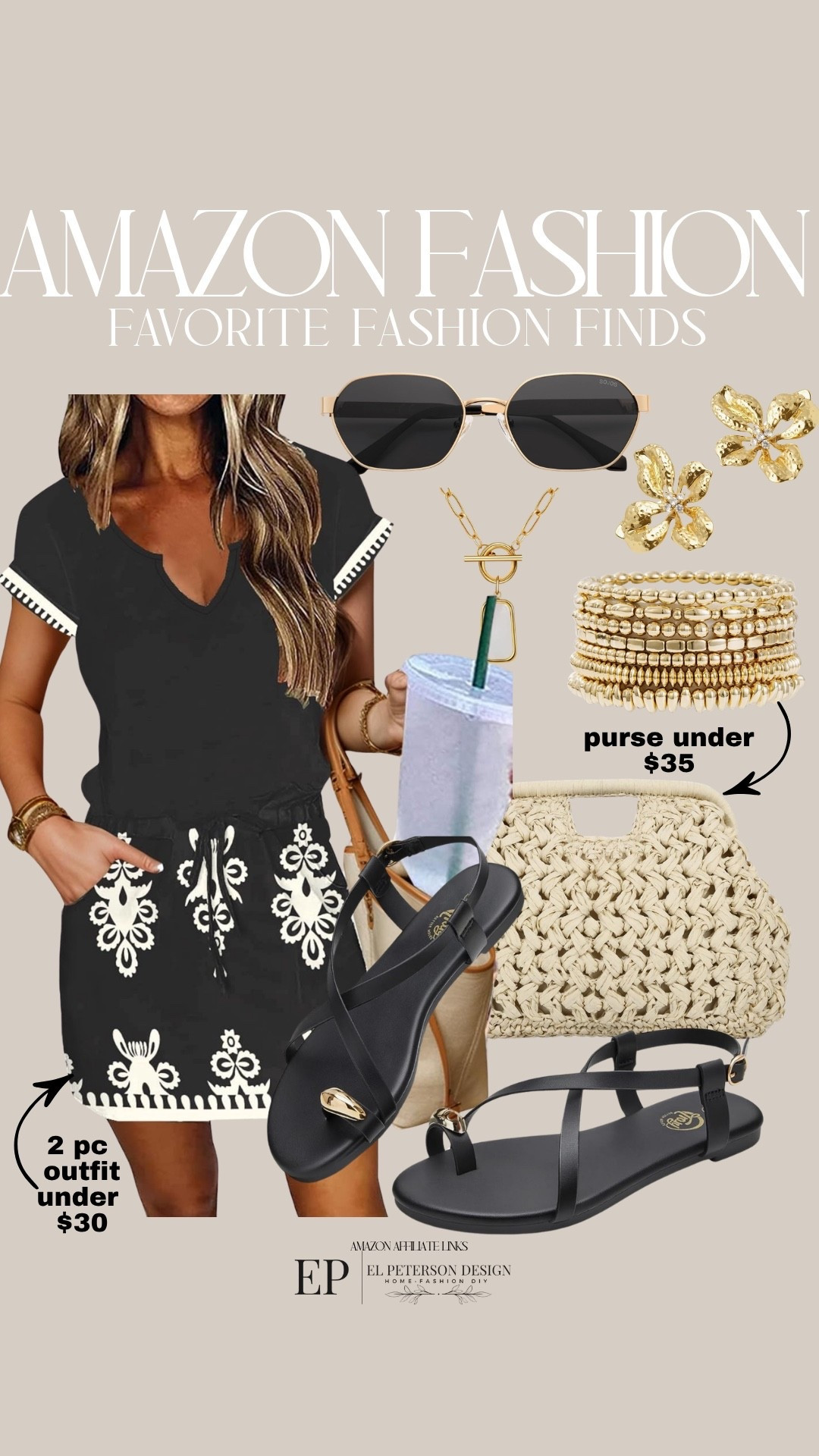 Amazon Fashion
2 pc outfit
Sandals
Purse
Bracelet
Earrings
Sunglasses
Necklace 