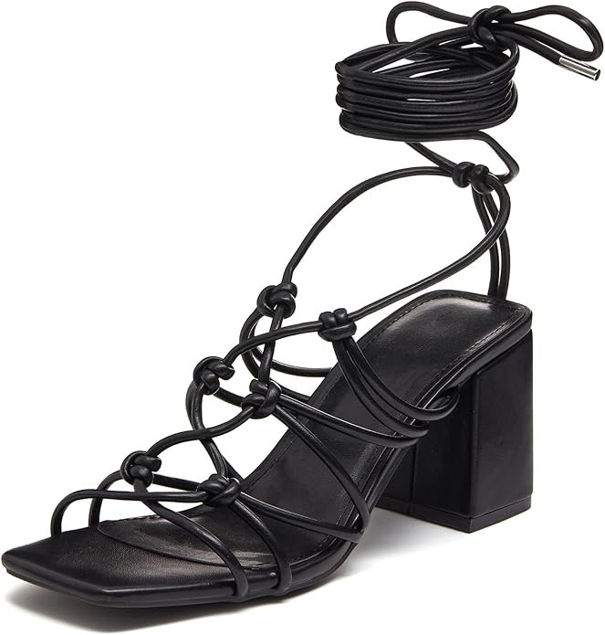 LAICIGO Womens Lace up Heeled Sandals Open Square Toe Block Heel Ankle Wrap Strappy Slingback Sum... | Amazon (US)