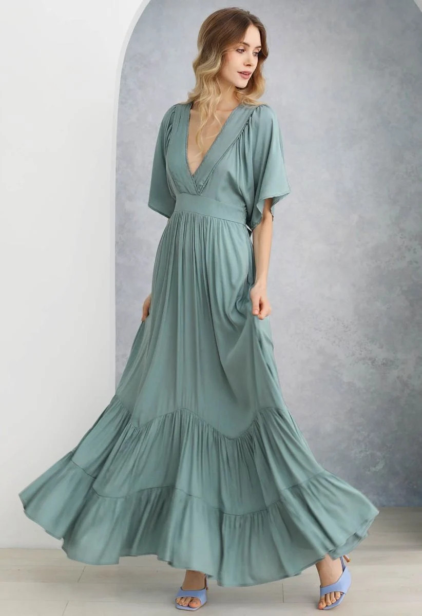 Subtle Romance Deep V-Neck Flutter Sleeve Maxi Dress in Teal | Chicwish