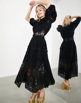 ASOS EDITION waisted broderie midi shirt dress with puff sleeve in black | ASOS (Global)