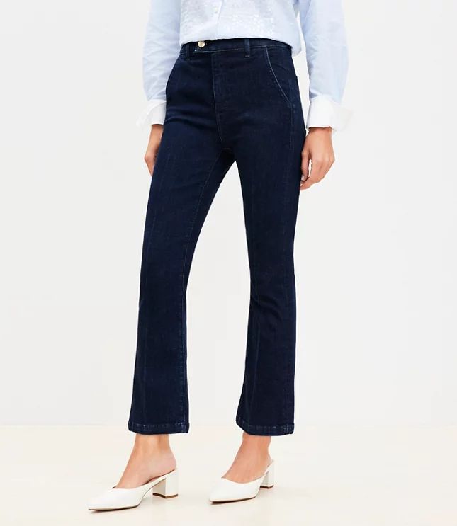 Tab Waist High Rise Kick Crop Jeans in Refined Dark Indigo Wash | LOFT