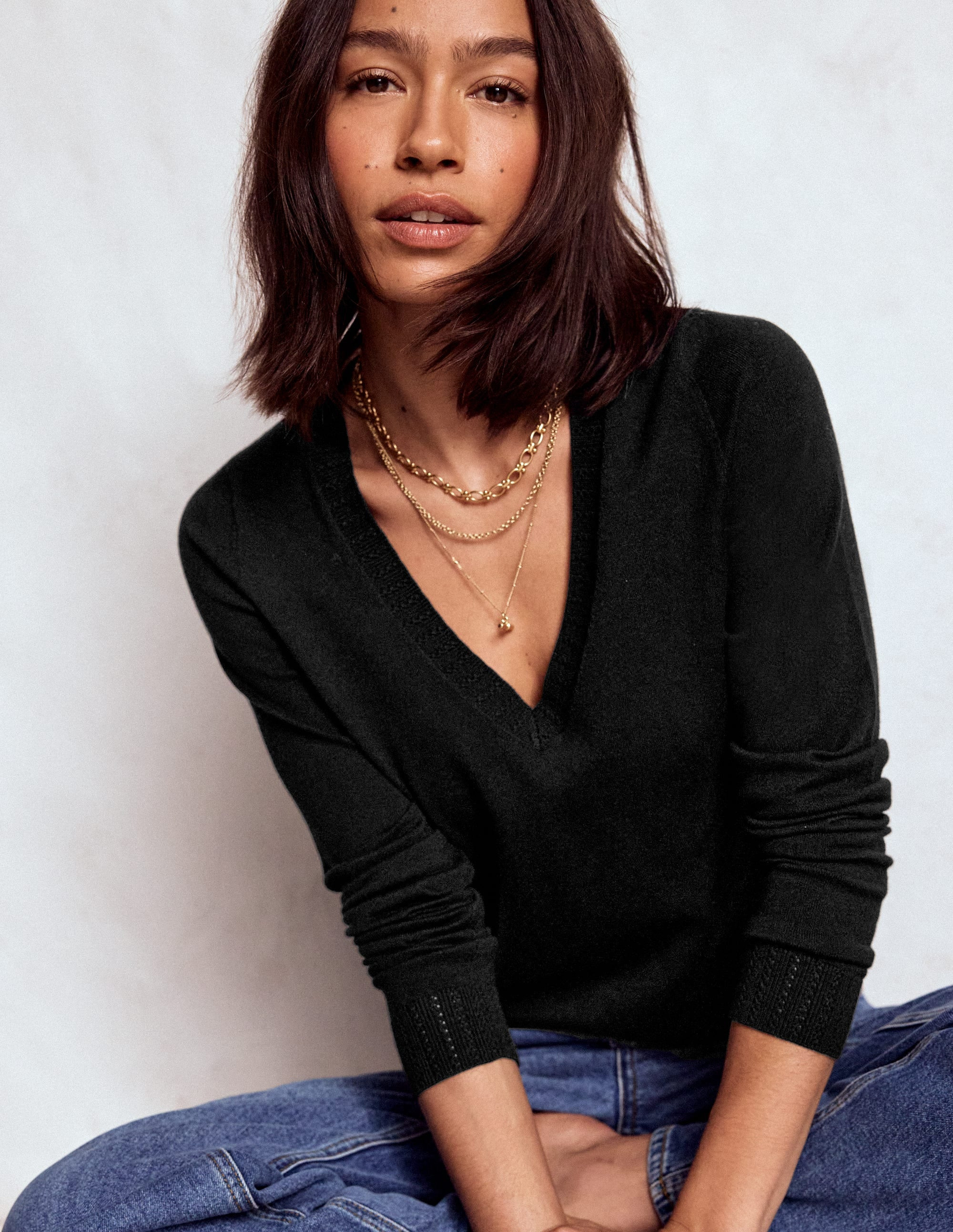 Emilia Cotton V Neck Sweater-Black | Boden (US)