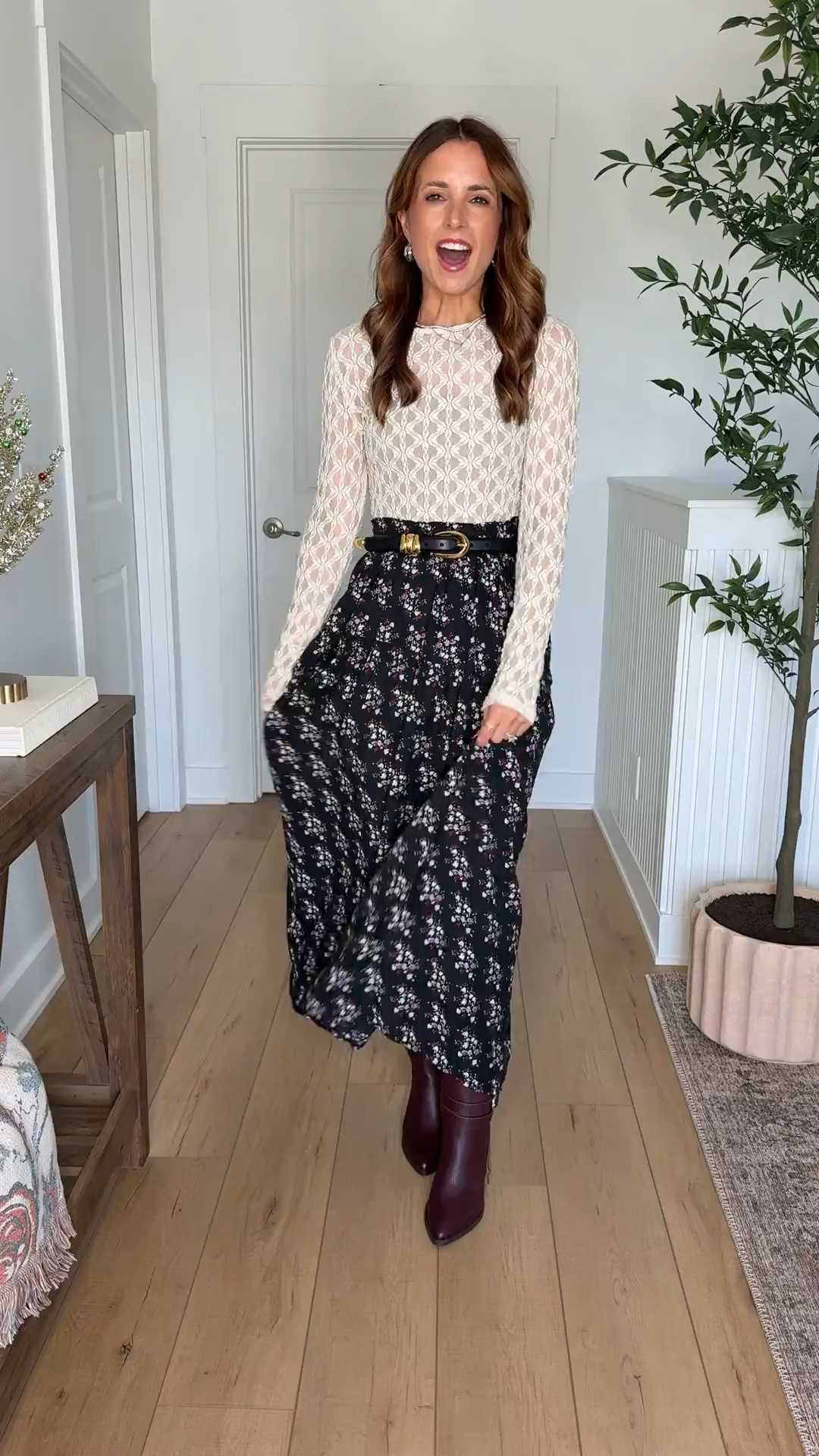 Target fall outfits. Target thanksgiving outfits. Friendsgiving outfits. Fall style. Lace top. Floral skirts. Christmas outfits. Wearing XS in lace top and skirt. Knee high boots are TTS. 

#LTKHoliday #LTKParties #LTKSeasonal