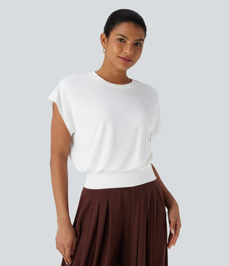 Round Neck Short Batwing Sleeve Work T-Shirt | HALARA