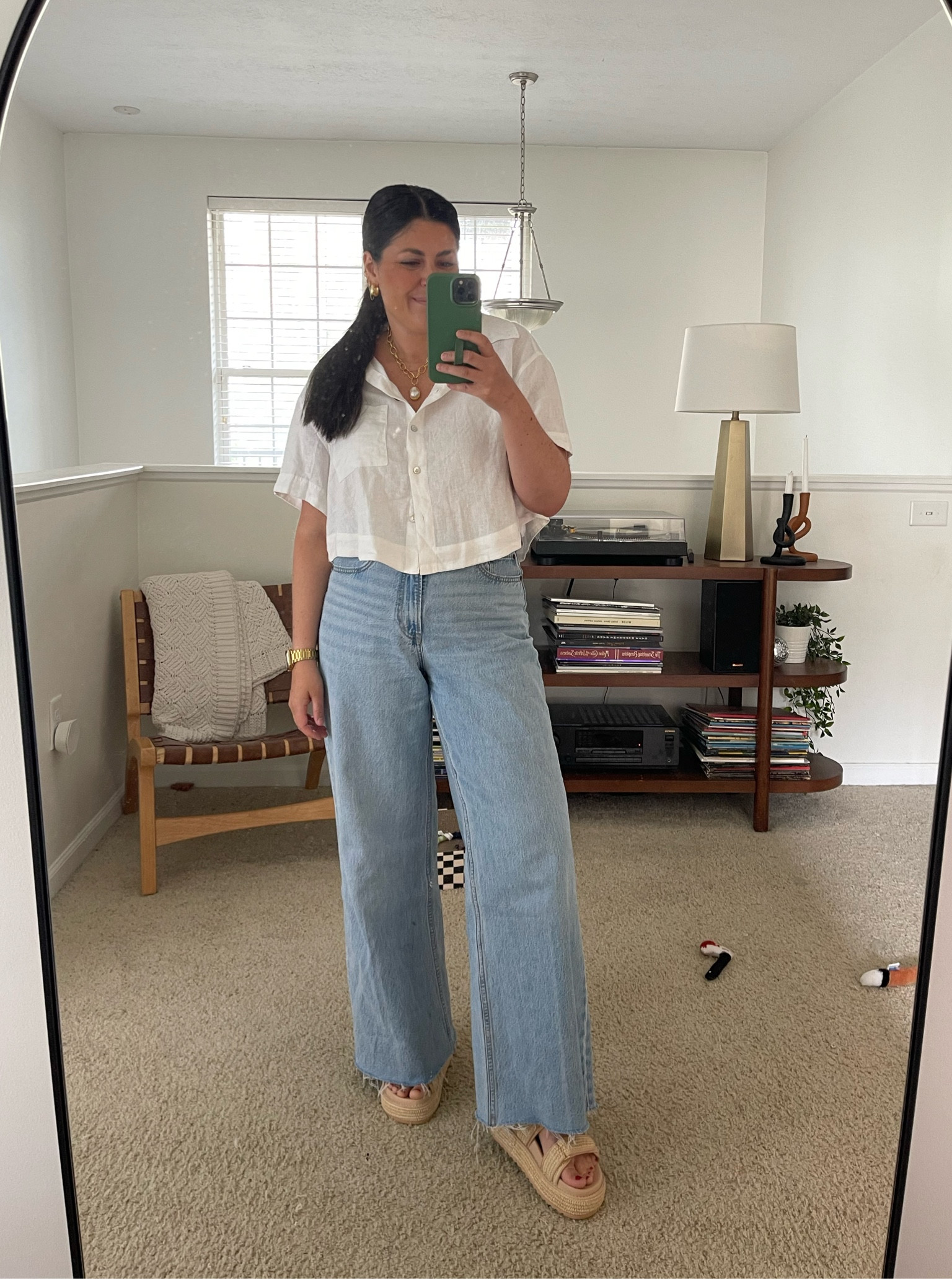 Wide leg jeans (8) | linen blend top (medium ) | raffia sandals (tts) | pearl pendant necklace 

Summer outfit 

#LTKFindsUnder100 #LTKStyleTip #LTKPetite