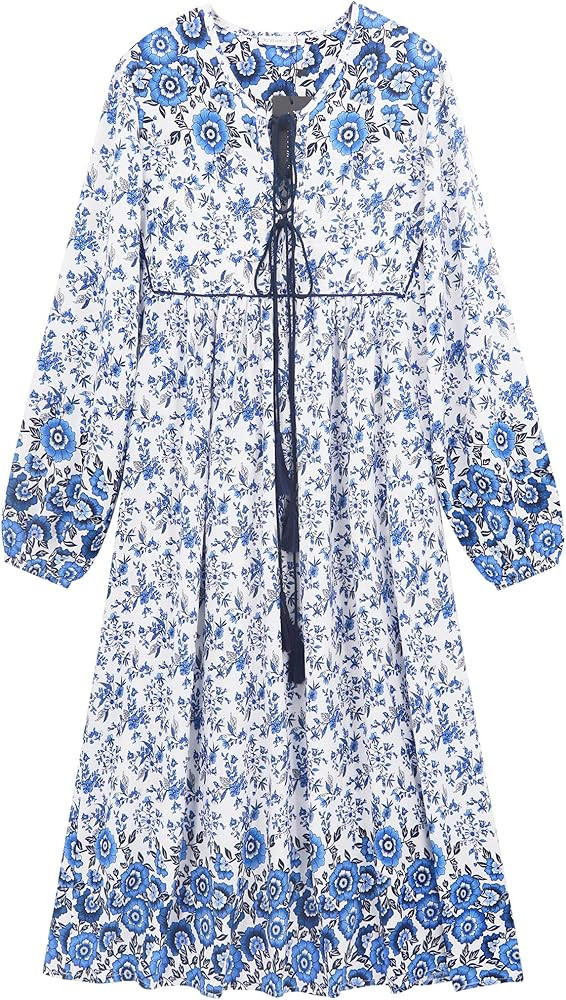 R.Vivimos Women's Long Sleeve Floral Print Retro V Neck Tassel Bohemian Midi Dresses | Amazon (US)
