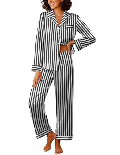 Ekouaer Womens Silk Satin Pajama Sets 2 Piece Sleepwear Pjs Set Long Sleeve Button Down Top and Pants Stripe Loungewear,L | Amazon (US)