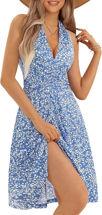 HUHOT Women's Summer Sundress Sleeveless Halter Neck Spring Boho Floral with Pocket Elastic Waist... | Amazon (US)