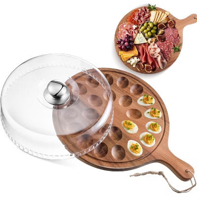 Easter Deviled Egg Platter with Lid, Acacia or Bamboo Wood 24-Hole Round Tray & Reversible Charcuterie Board Acacia Wood one size | Target