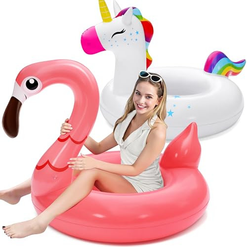 SLOOSH 2-Pack Unicorn Flamingo Pool Floats - Inflatable Pool Floaties Swimming Party Decorations, Fun Float Swim Rings Floating Tubes Beach Lake Summer Vacation Floaty with Headrest for Adults Kids | Amazon (US)