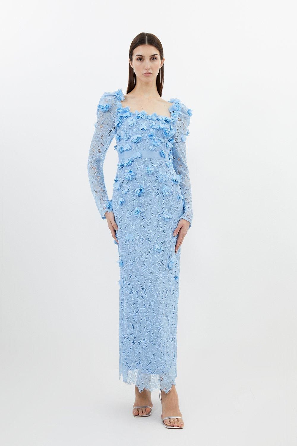 Lace Petal Applique Woven Midi Dress | Karen Millen US