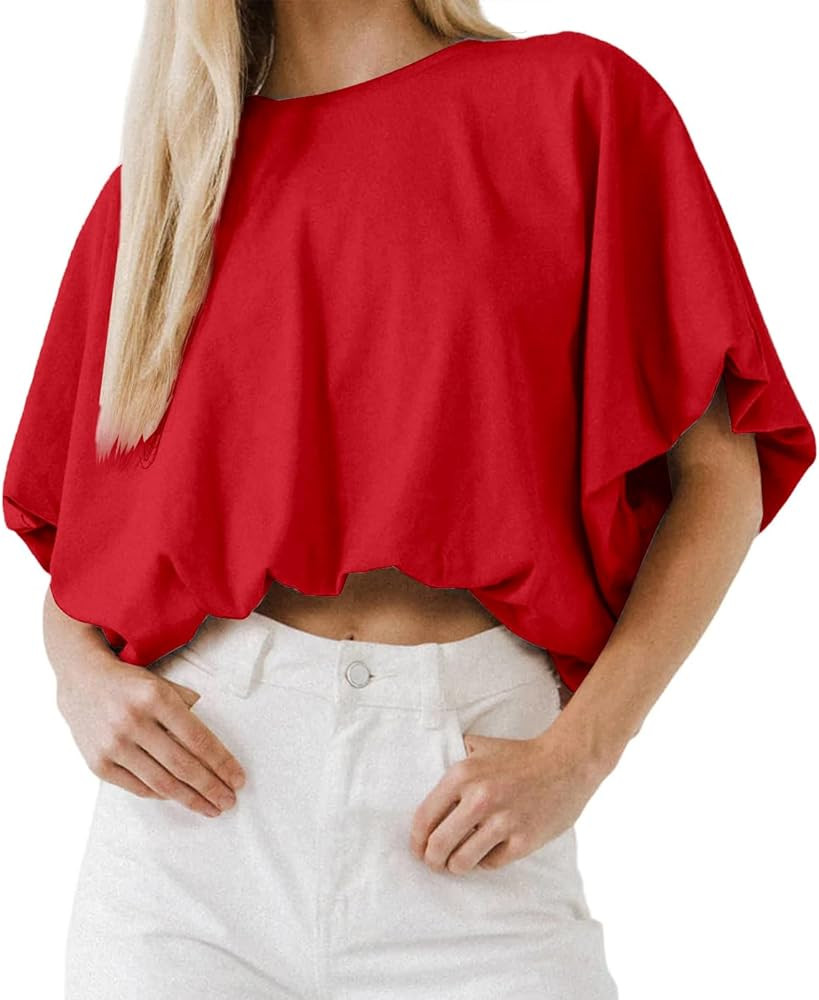 Womens Summer Crewneck Crop Tops Short Sleeve Casual Loose Cropped T Shirts | Amazon (US)
