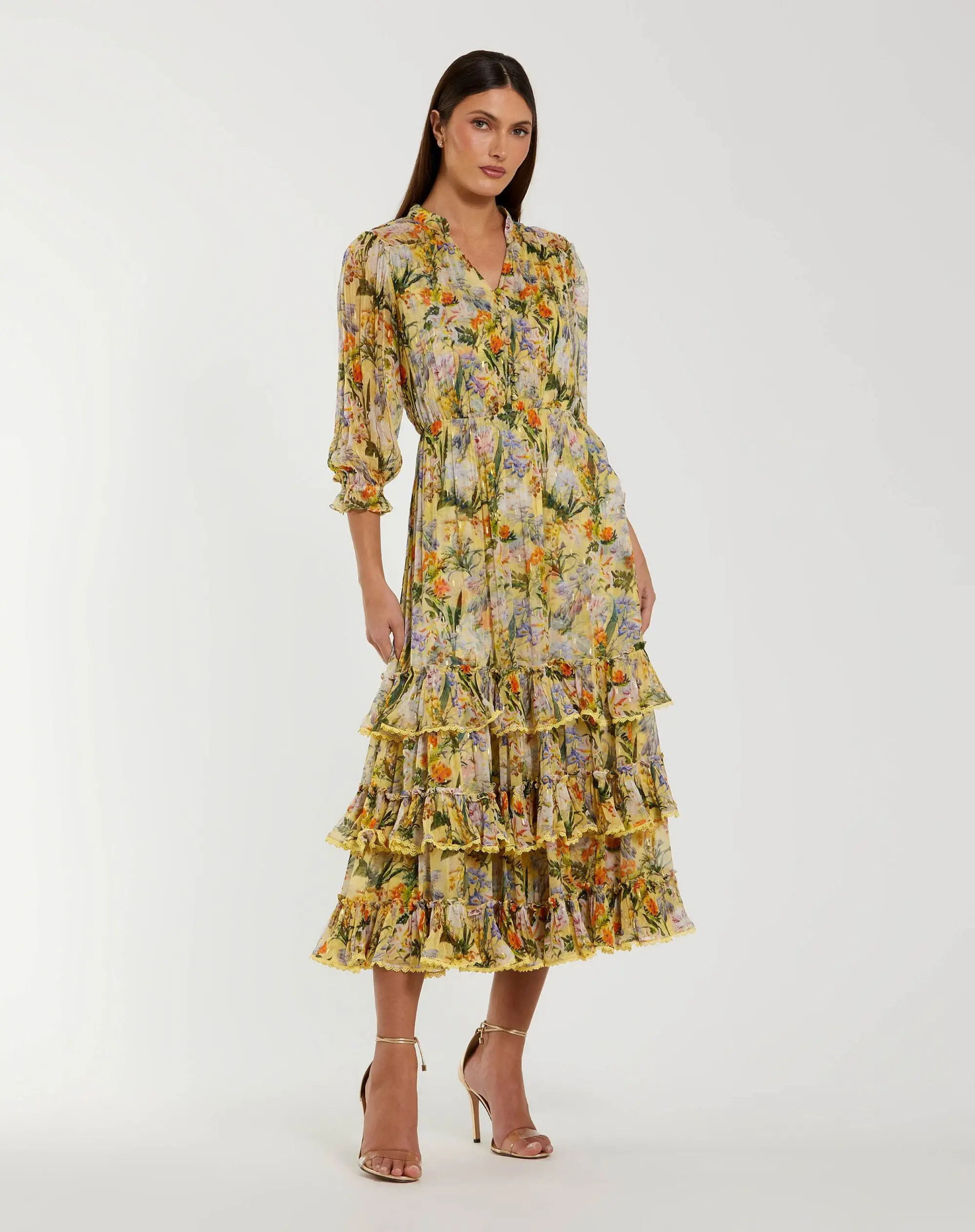 Mac Duggal - Yellow Floral V Neck Ruffle Midi Dress With 3/4 Sleeves - Yellow Multi / US 14 | Mac Duggal