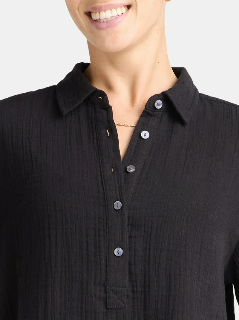 Time and Tru Women's Cotton Double Cloth Cropped Shirt, Size XS-XXXL | Walmart (US)